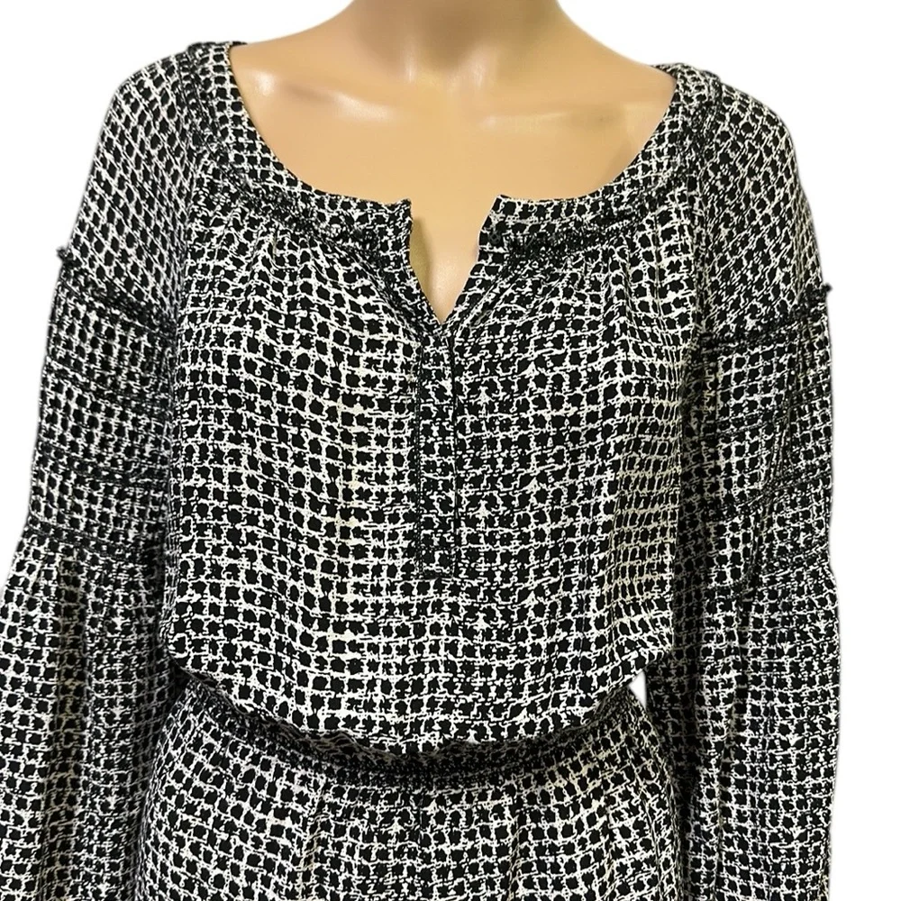 MSSP Black Cream Rayon Blouson Long Sleeve Elastic Waist Dress Womens Medium